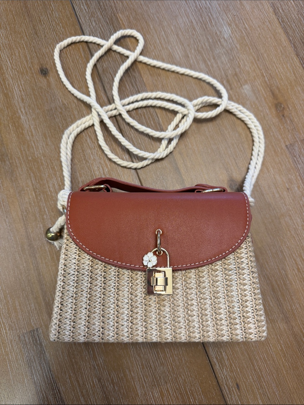 Woven Straw Crossbody Bag with Brown Leather Flap